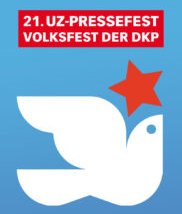 Friedenstaube mit rotem Stern auf blauem Grund «21. UZ-Pressefest Volksfest der DKP».