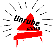 Logo: Unruhe stiften auf rotem Konzertflügel.