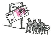 Zeichnung: Campact Zeichnung: Warteraum mit Patienten. Arzttür mit 10-Euro-Schein zugenagelt.